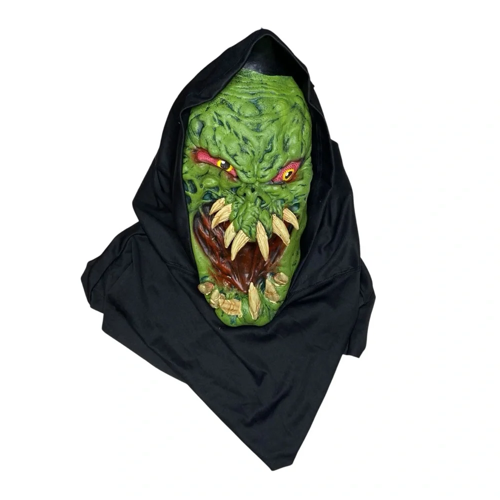 PAPER MAGIC Vintage Monster Mask 2002 Scary Green Teeth Halloween Costume Hood